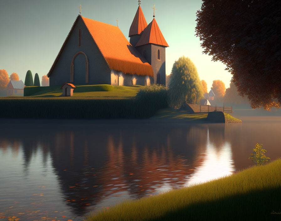 Tranquil church by calm lake at sunset with golden trees