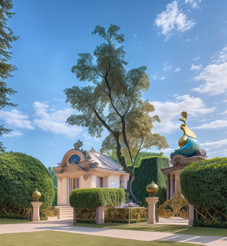 Classical Pavilion with Peacock Sculpture in Manicured Garden