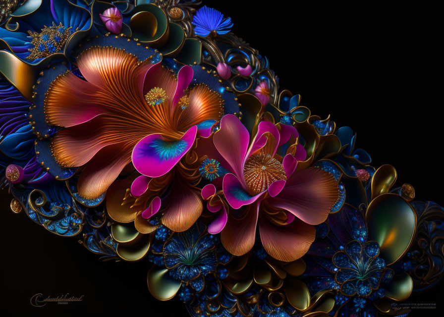 Colorful fractal flower digital artwork in orange, blue, and gold on dark backdrop