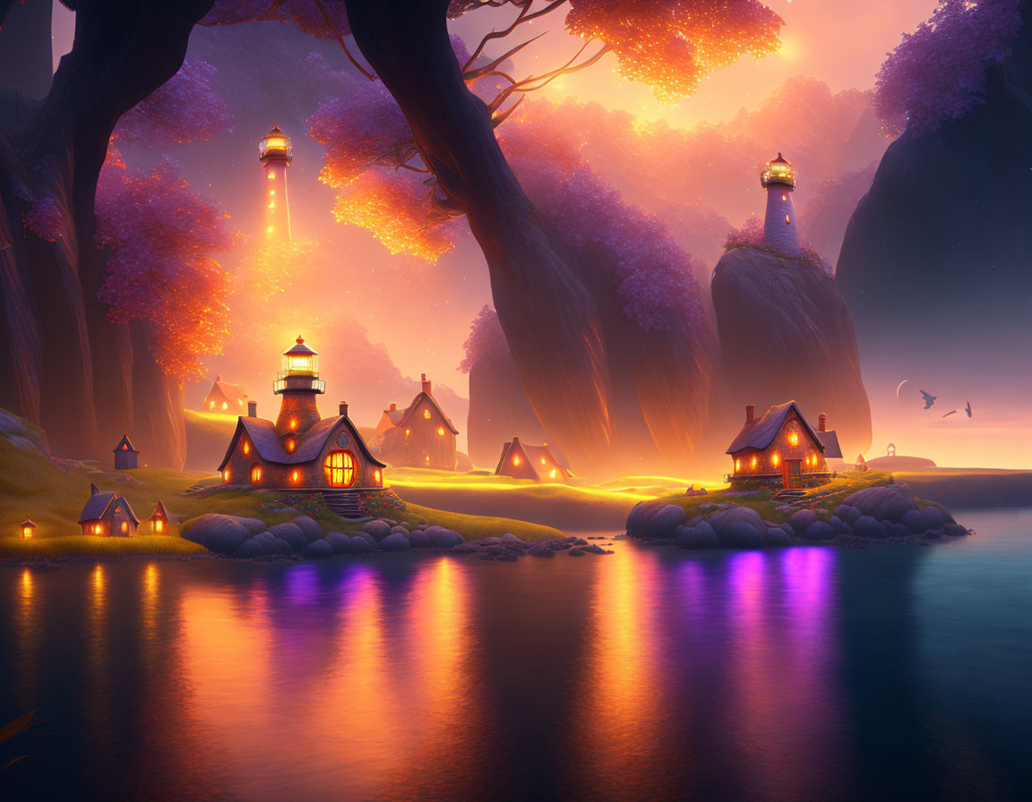 Tranquil twilight lake scene with lit lighthouses and autumn trees