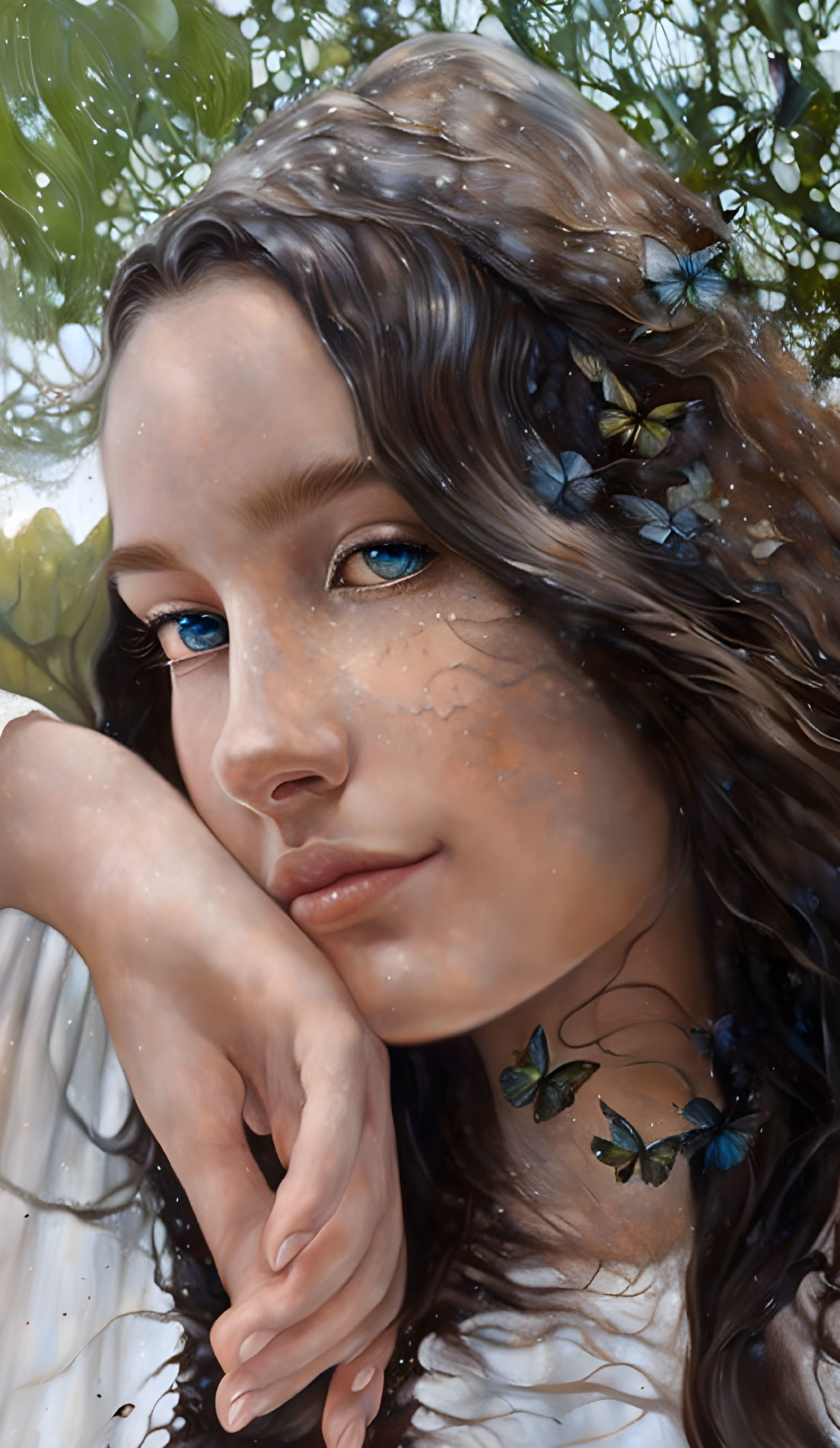 Portrait of woman with blue eyes and brown hair surrounded by flowers and butterflies