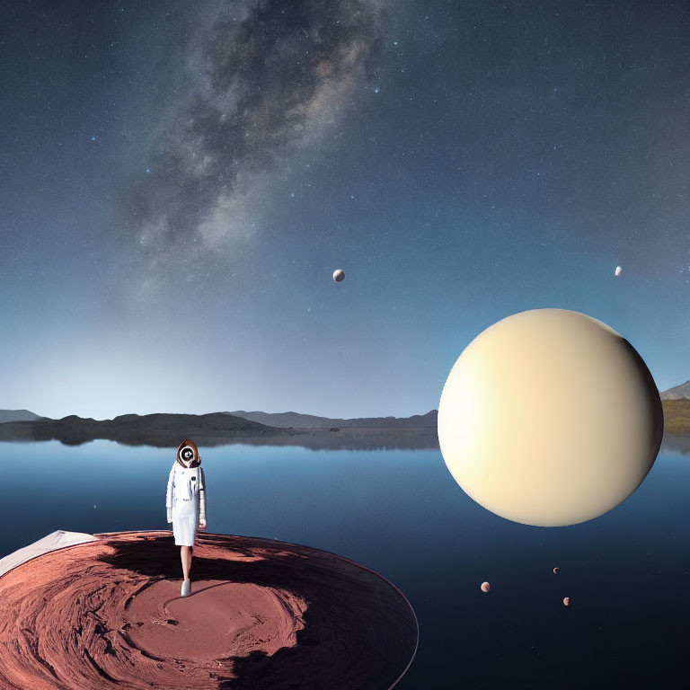 Astronaut on surreal planet with lake and giant celestial bodies