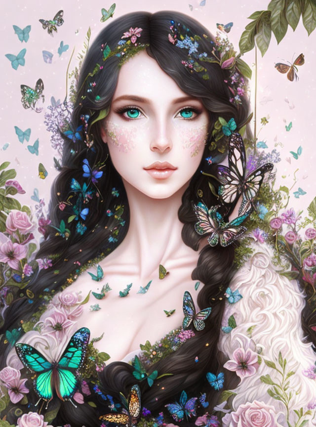 Illustration: Woman with Turquoise Eyes, Butterflies, Flowers in Dark Hair