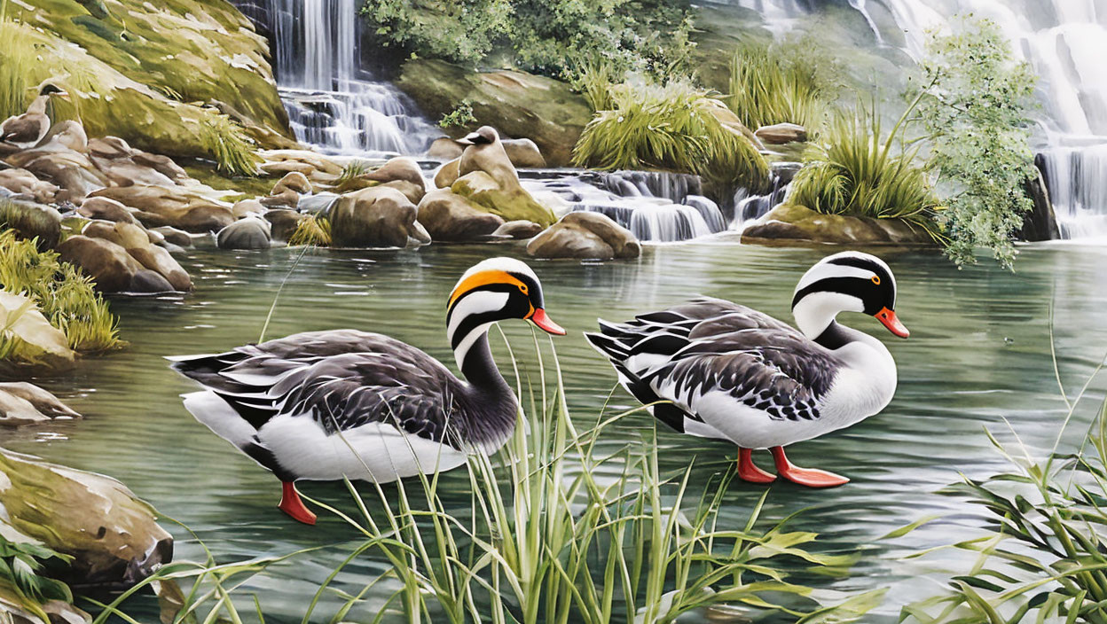 Ducks in front of waterfall surrounded by lush greenery