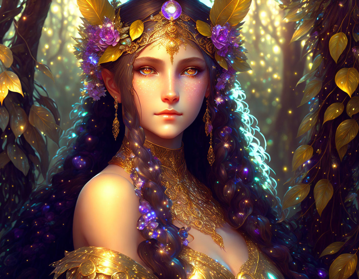 Fantasy artwork: Elvish woman with golden jewelry and crown, surrounded by golden leaves