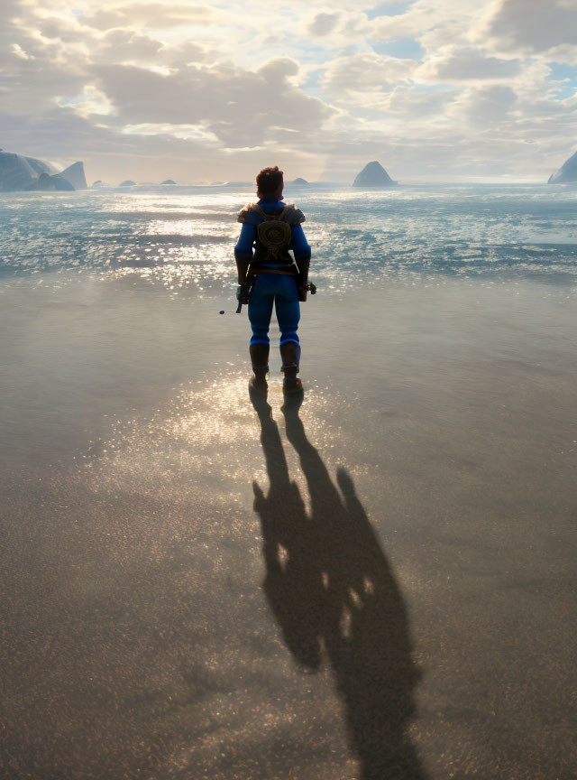 Person in Blue Suit Standing on Beach, Gazing at Sea and Islands