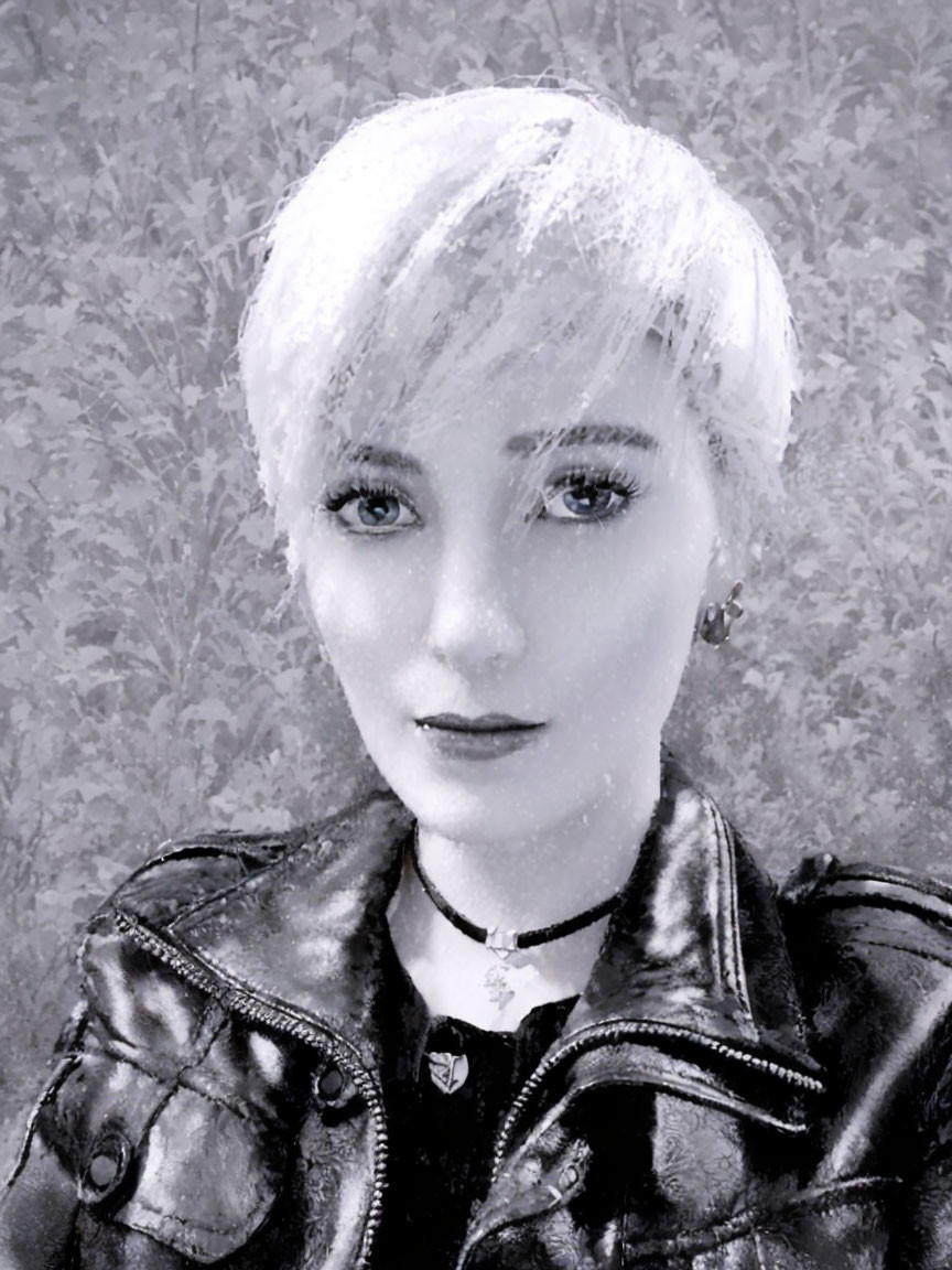 Monochrome portrait of person in leather jacket with choker on textured background