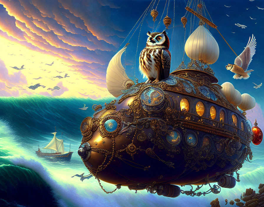 Intricate steampunk airship with owl and bird over turbulent seas