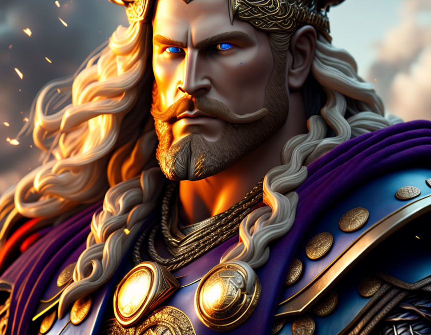 Blond-haired fantasy character in golden armor with crown, blue eyes, purple cloak against cloudy sky