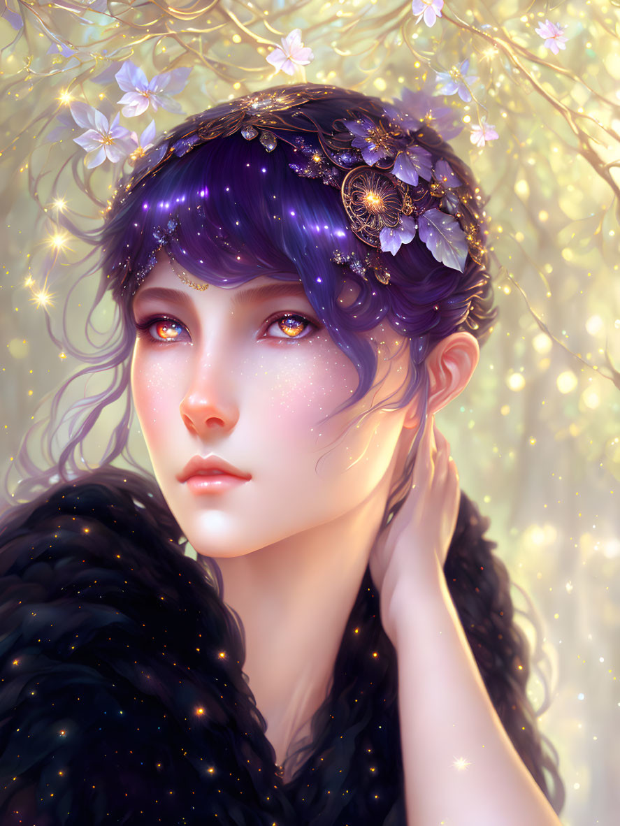 Fantasy woman with purple hair and floral headpiece on golden background