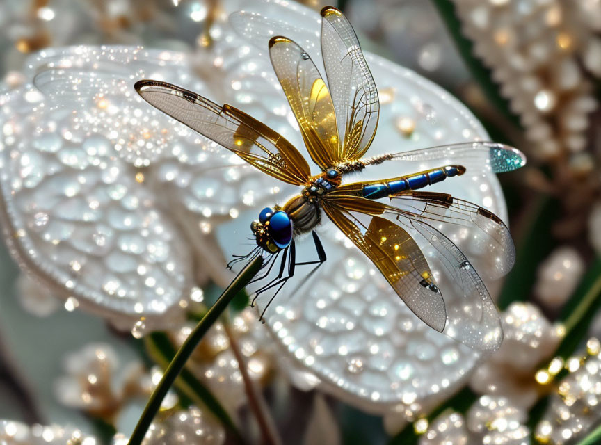 Dragonfly perches on stem with glistening wings among white flowers.