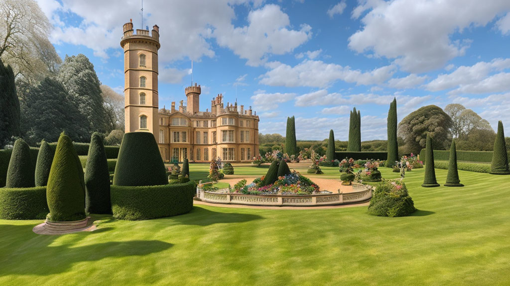 Grand mansion with tower in manicured garden under cloudy sky