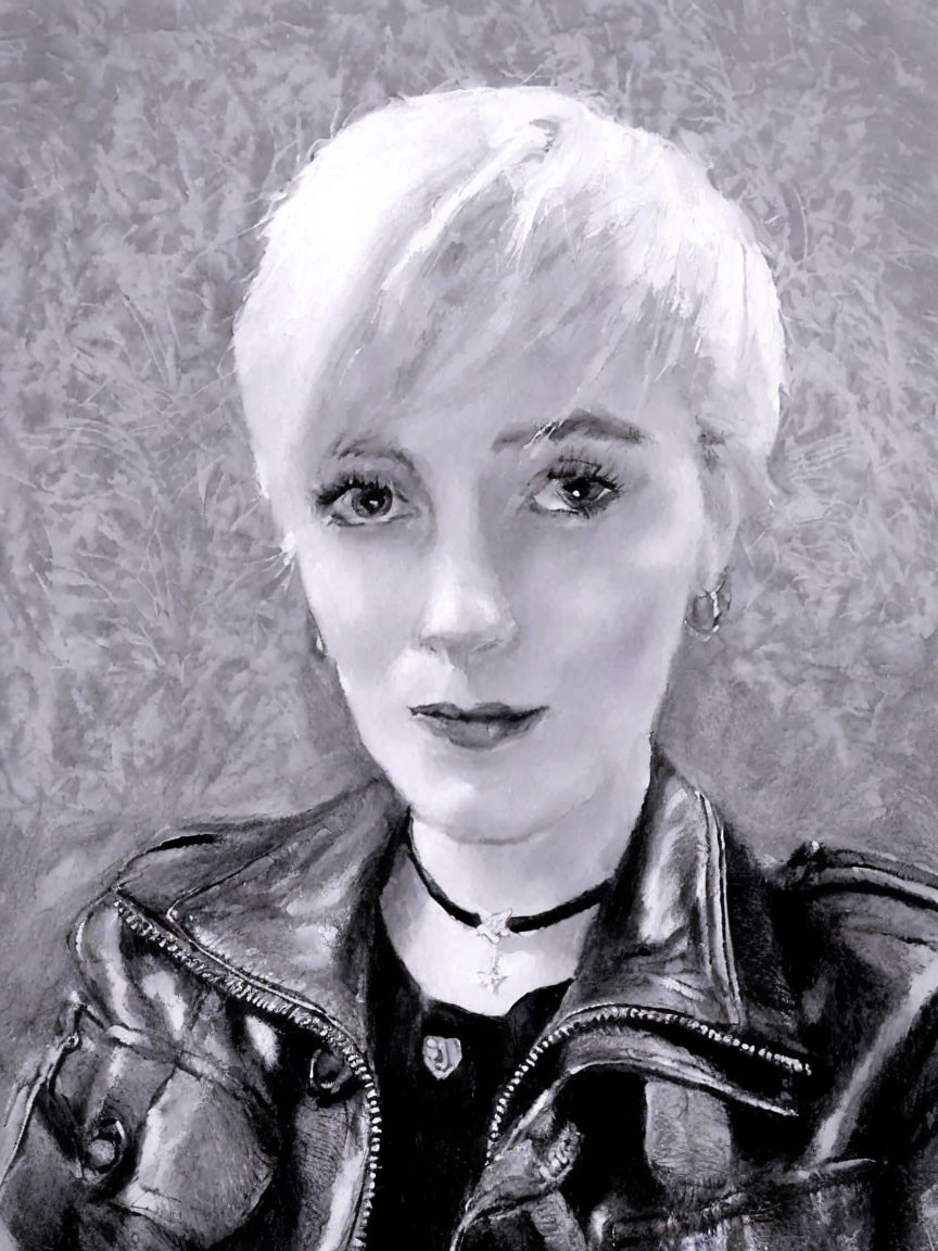 Monochrome sketch of woman with short hair and jacket