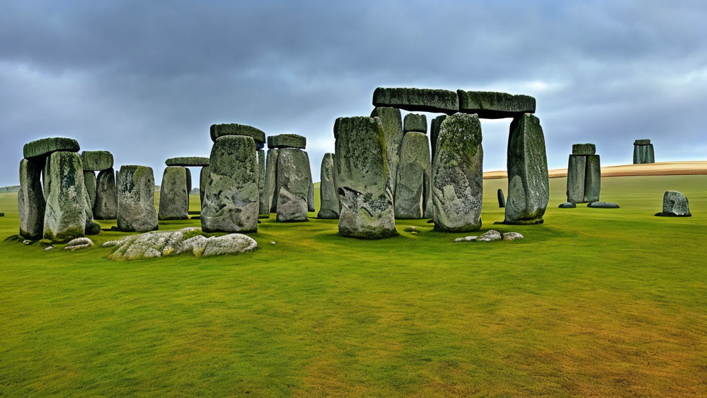 Ancient Stonehenge Monument with Standing Stones and Lintels on Green Field