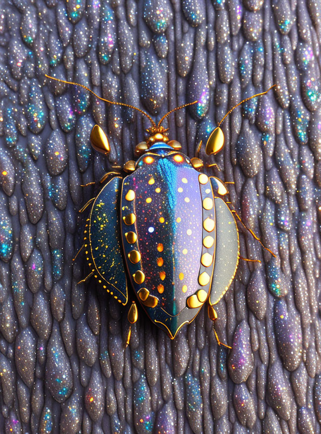 Colorful Beetle with Blue, Gold, and White Speckled Shell on Iridescent Purple Surface