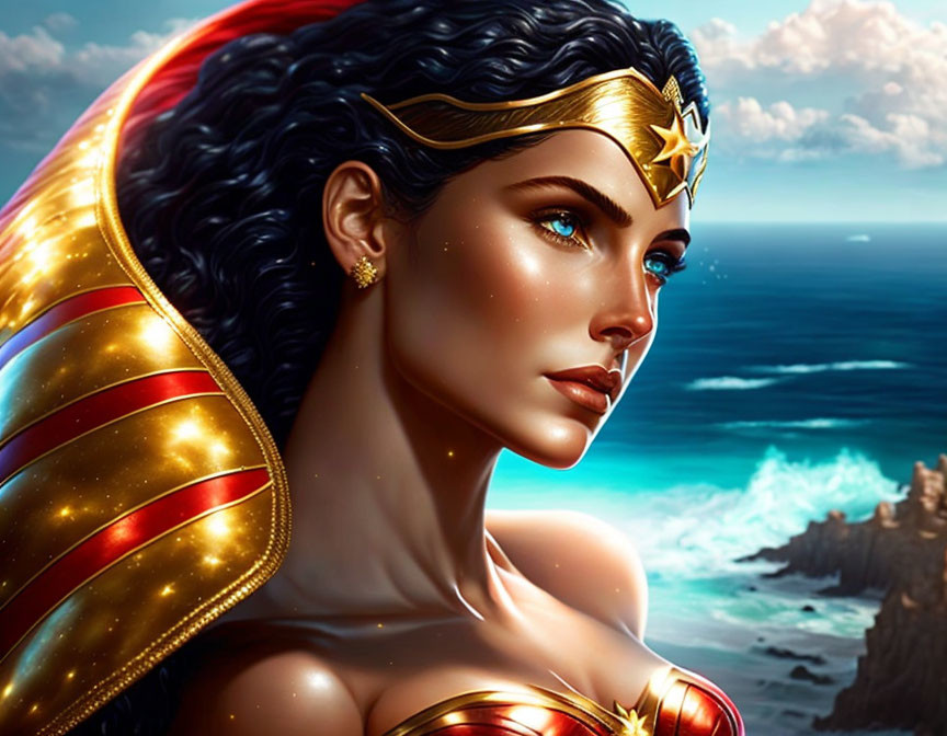 Dark-haired woman in golden tiara and red warrior costume against serene ocean backdrop