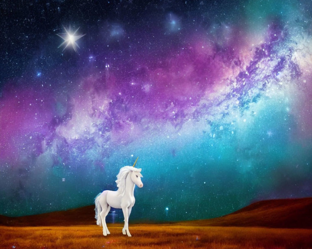 White unicorn on grassy hill under star-filled night sky with galaxies and nebulae.