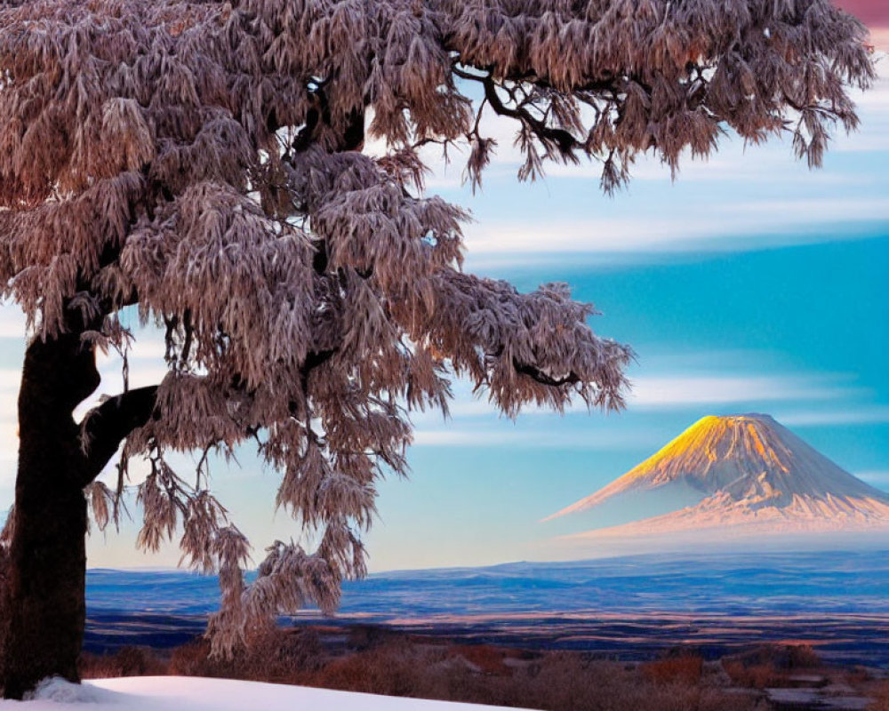 Winter scene: Snow-covered tree and frosty branches with distant mountain peak at dawn