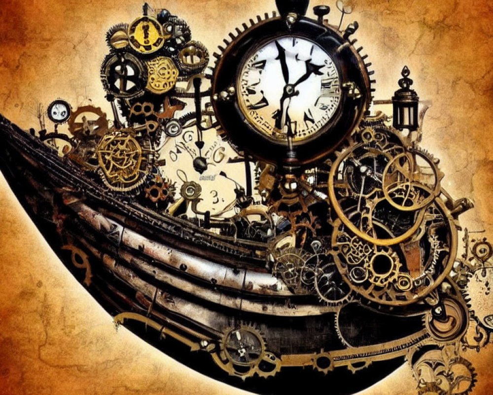 Steampunk-inspired vintage artwork with gears, cogs, and clock on textured background