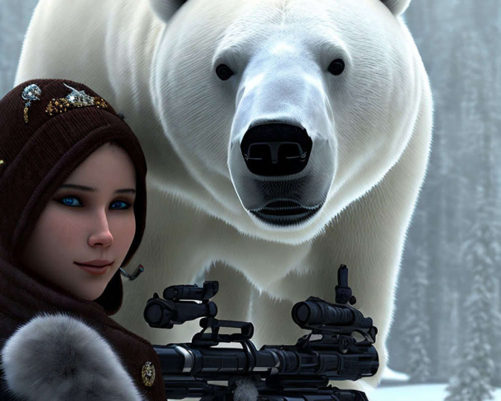 Woman in winter attire with sniper rifle and polar bear in snowy forest