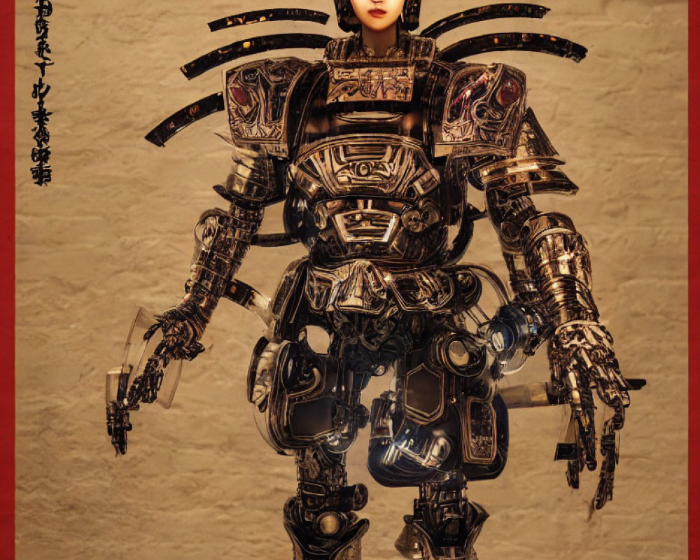 Elaborate Mechanical Samurai Armor Against Textured Backdrop