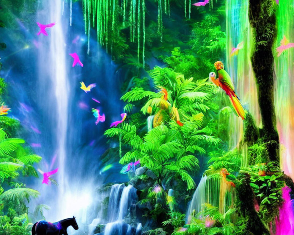 Colorful jungle scene with waterfall, horse, parrot, and birds