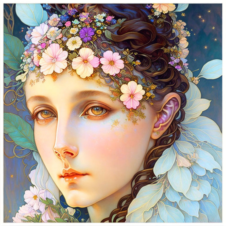 Serene-faced person with floral crown and butterfly wings in starry backdrop