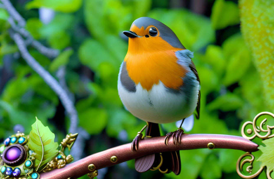 Colorful Stylized Bird Perched on Bronze Branch