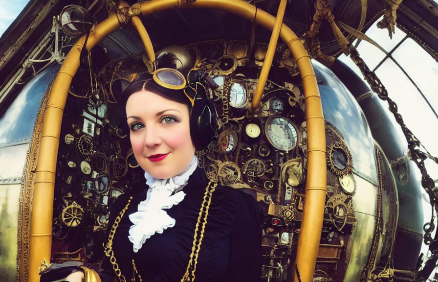 Steampunk woman in vintage cockpit with brass instruments.