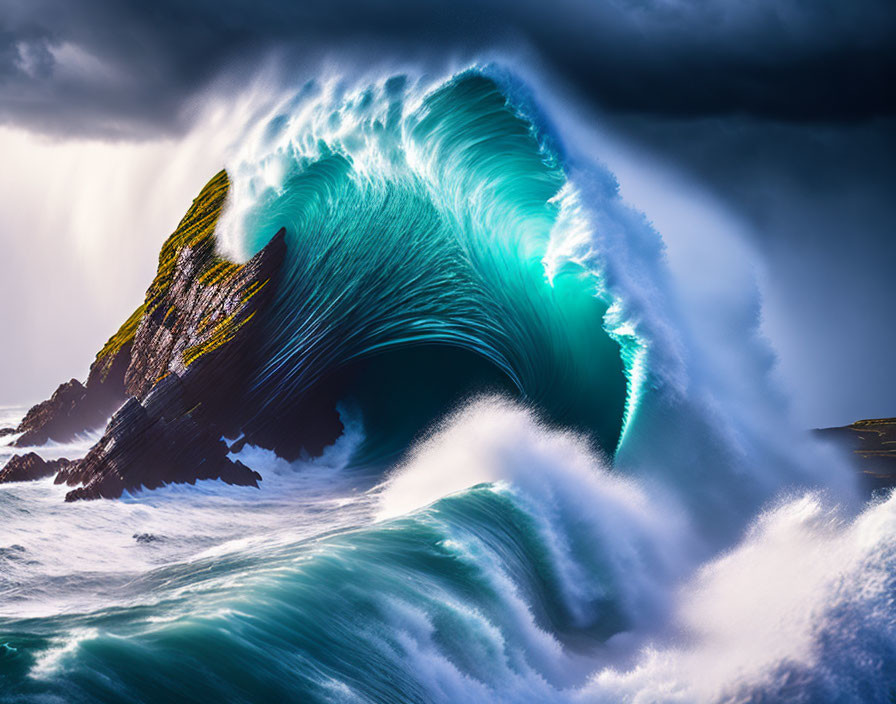 Vibrant green wave curls under stormy skies against coastal cliffs