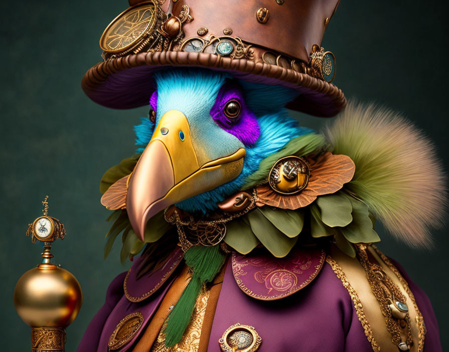 Anthropomorphic parrot in Victorian steampunk attire