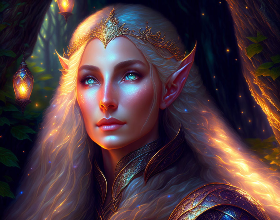 Elf digital artwork: Glowing blue eyes, gold tiara, ornate armor, in mystical forest