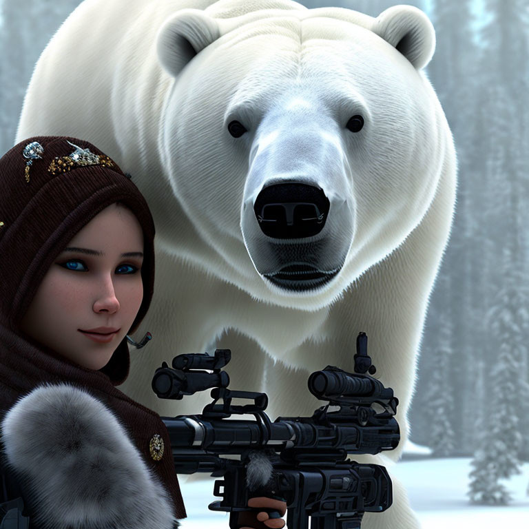 Woman in winter attire with sniper rifle and polar bear in snowy forest