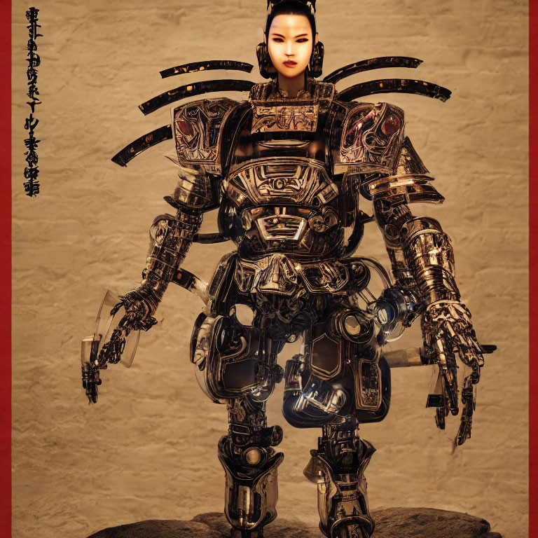 Elaborate Mechanical Samurai Armor Against Textured Backdrop