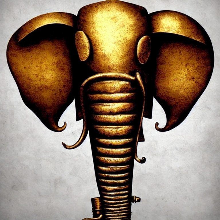 Golden Textured Elephant Head with Tusks and Trunk