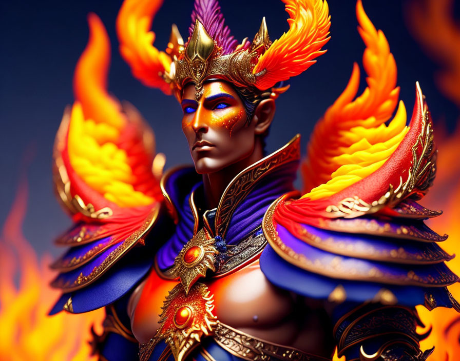 Fantastical 3D character in golden armor with fiery crown and feathered shoulders against flame background