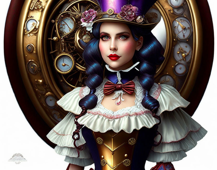 Steampunk-inspired woman in top hat with clockwork elements.