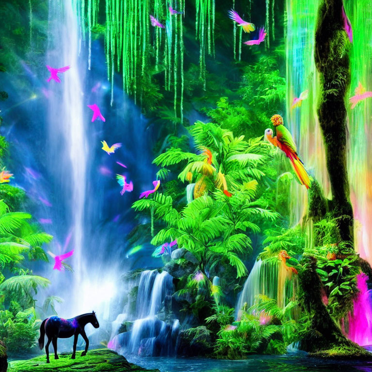 Colorful jungle scene with waterfall, horse, parrot, and birds