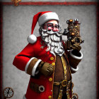 Santa Claus in Red Outfit with Steampunk Toy on Whimsical Background