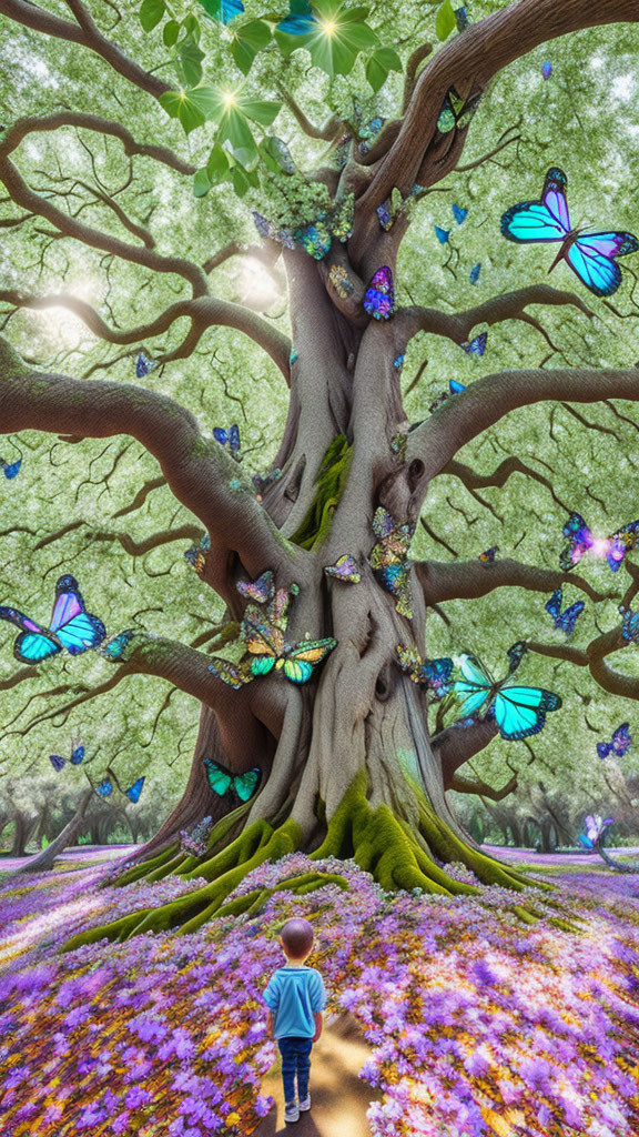 Child admires majestic tree with purple flowers and vibrant butterflies under sunlit canopy