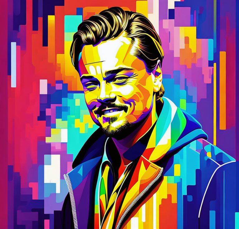 Vibrant abstract digital portrait of smiling man with beard and slicked-back hair