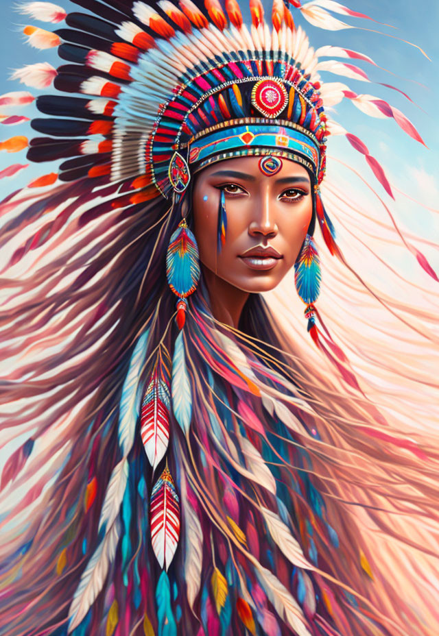 Vibrant Native American headdress with feathers and beadwork against sky-blue backdrop