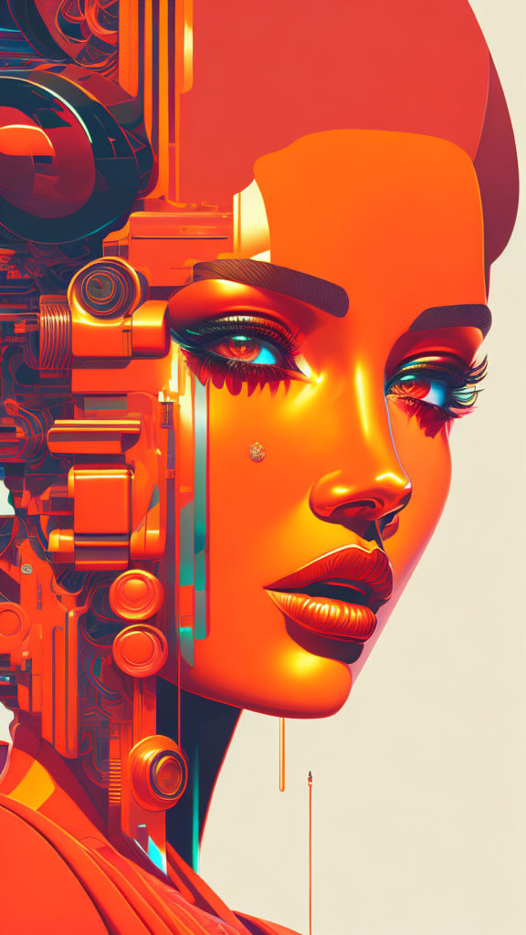 Digital artwork: Woman with cybernetic features in vibrant orange and red tones