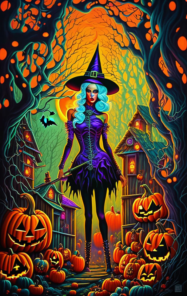 Colorful Witch Illustration with Blue Hair and Purple Dress Among Jack-o'-lanterns, Ha