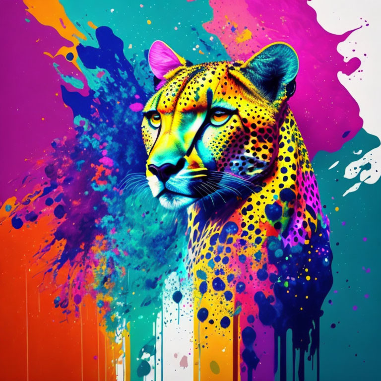 Colorful Leopard Portrait with Neon Pink, Blue, and Yellow Background