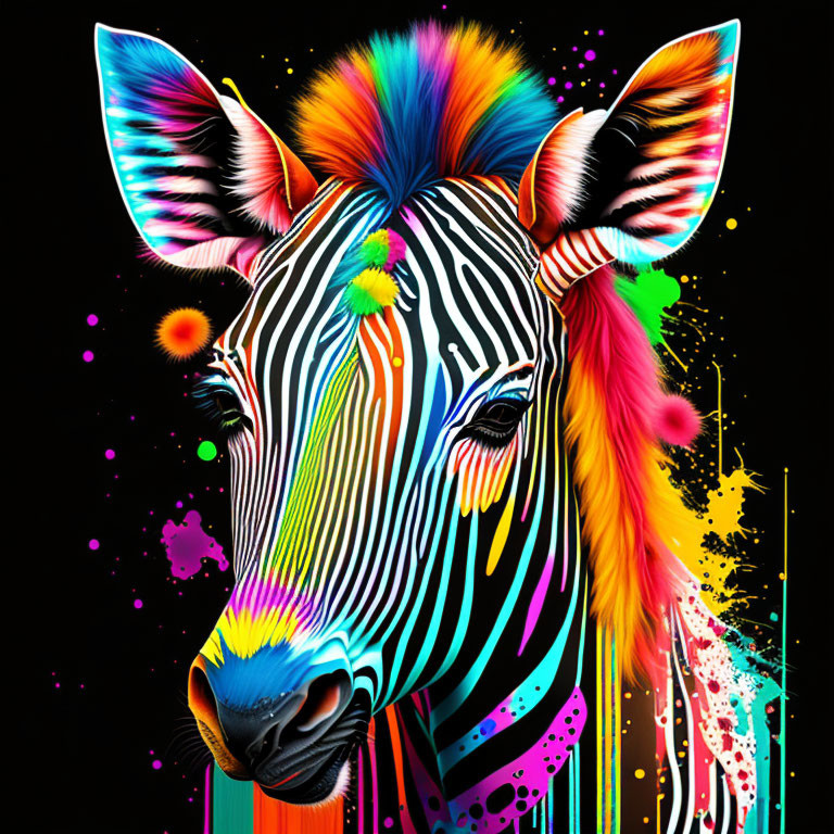 Vibrant digital zebra art: multicolored stripes on black.