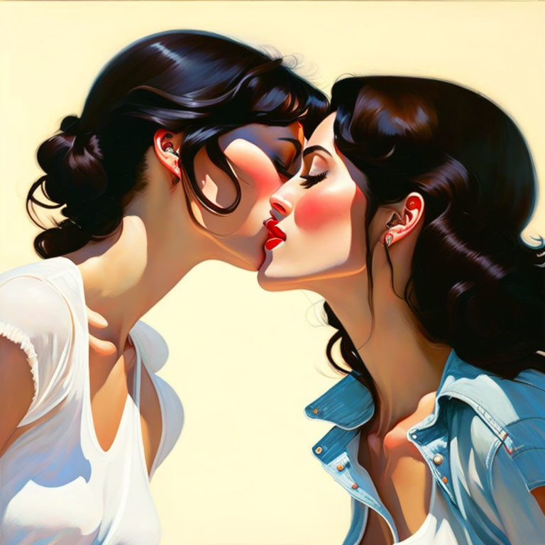 Stylized image of two women in close embrace kissing tenderly