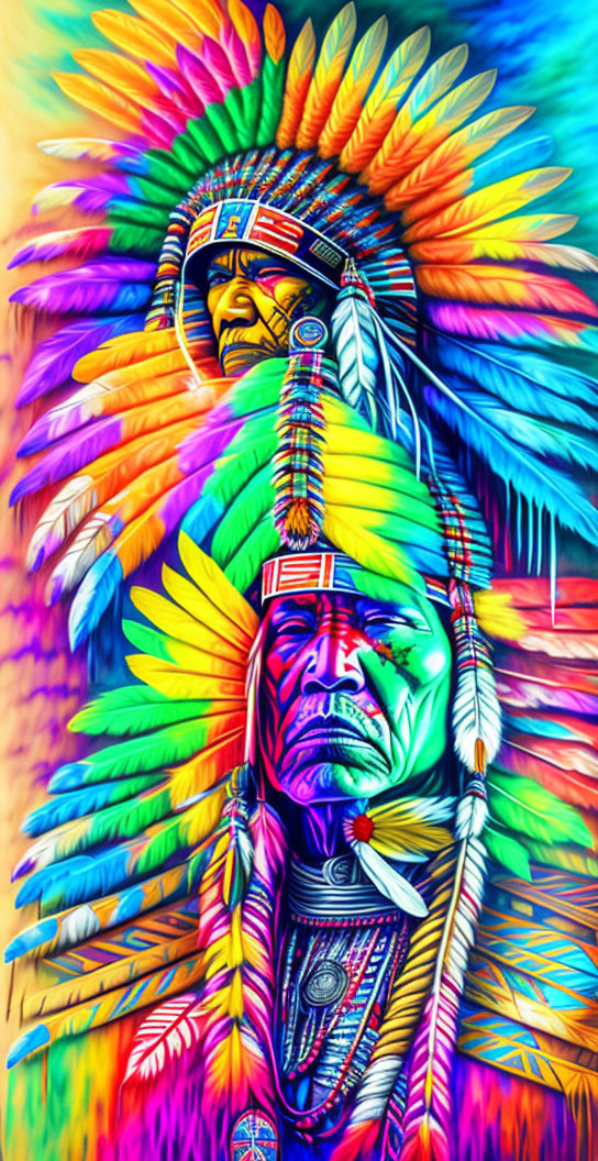 Colorful Digital Artwork: Two Native American Chiefs in Psychedelic Headdresses