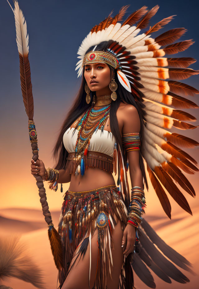 Digital artwork of woman in Native American headdress with feathers & beadwork