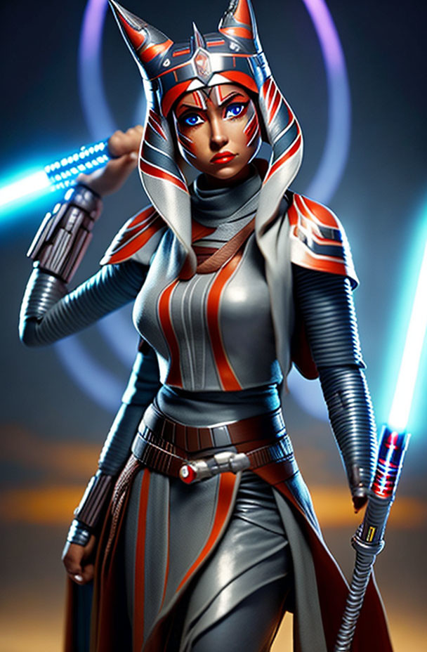 Figure in Grey and Red Outfit with Lightsaber Hilt and Face Paint